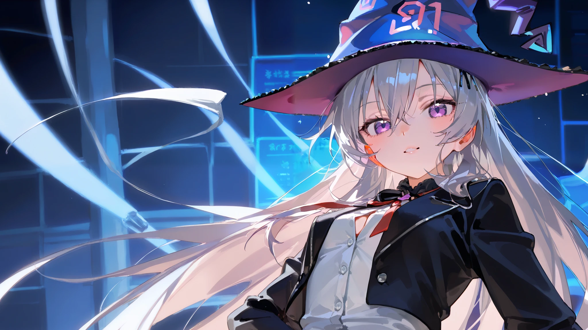  cute magician anime girl、 silk hat、short black jacket 、 White Buttoned Tee 、Trump、 Scenario Backdrop 