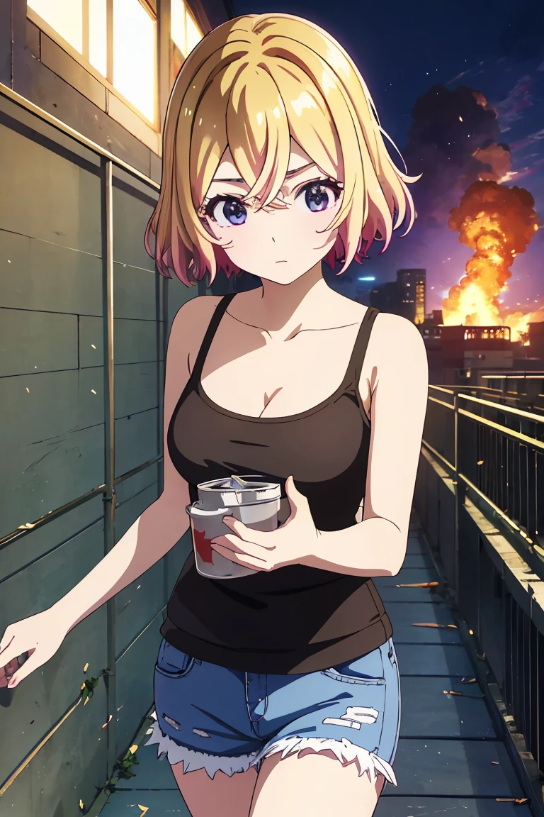 masterpiece, Highest quality anime illustrations, Super detailed,ultra high resolution、perfect lighting single girls, alone, Blonde、medium hair, anime , view at viewer,  cleavage、 black tank top seen above、 sexy black shorts、 handgun、at night、 fence、Explosion and Flames 、Building on fire