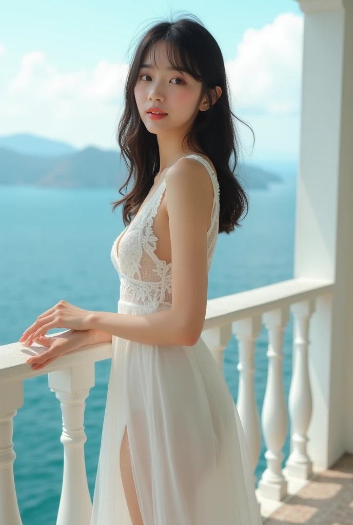(((masterpiece:1.4, best quality:1.4, 8k, Ultra-high resolution, Photorealism, Physically Based Rendering))), Sharp focus, Full body portrait, full-body shot, Plane lighting, Super beautiful sexy woman, Very beautiful Japanese woman, Perfect body:1.1, 24 years old, Solitary, Delicate big eyes, delicate and thin eyebrows, Highlights, (((Brown Long Straight Low Half Updo:1.3, Hair behind the ears, Bangs))), (A strong wind blew her hair:1.4), Highly detailed face and skin texture, Slim beauty:1.4, ((sleeveless, 透明紧身dress:1.5, Off-shoulder:1.5)), ((:1.6)), (Expose full breasts:1.2), small areola, Narrow waist and slim abdominal muscles, (dress:1.6), (Detailed beautiful exposure, pubic hair:1.4), full-body shot, (Slender), No makeup, Clear facial features, Looking at the audience, (Smile:1.4, open mouth:1.1), (Raise your legs:1.2, Sitting,Push forward:1.3、Open your legs, Camel toe), (Front view), (Sunset), (Sky:1.2), (santorini:pearl of greece, The island is famous for its stunning white buildings, known for its colorful dome and spectacular Sunset:1.3),