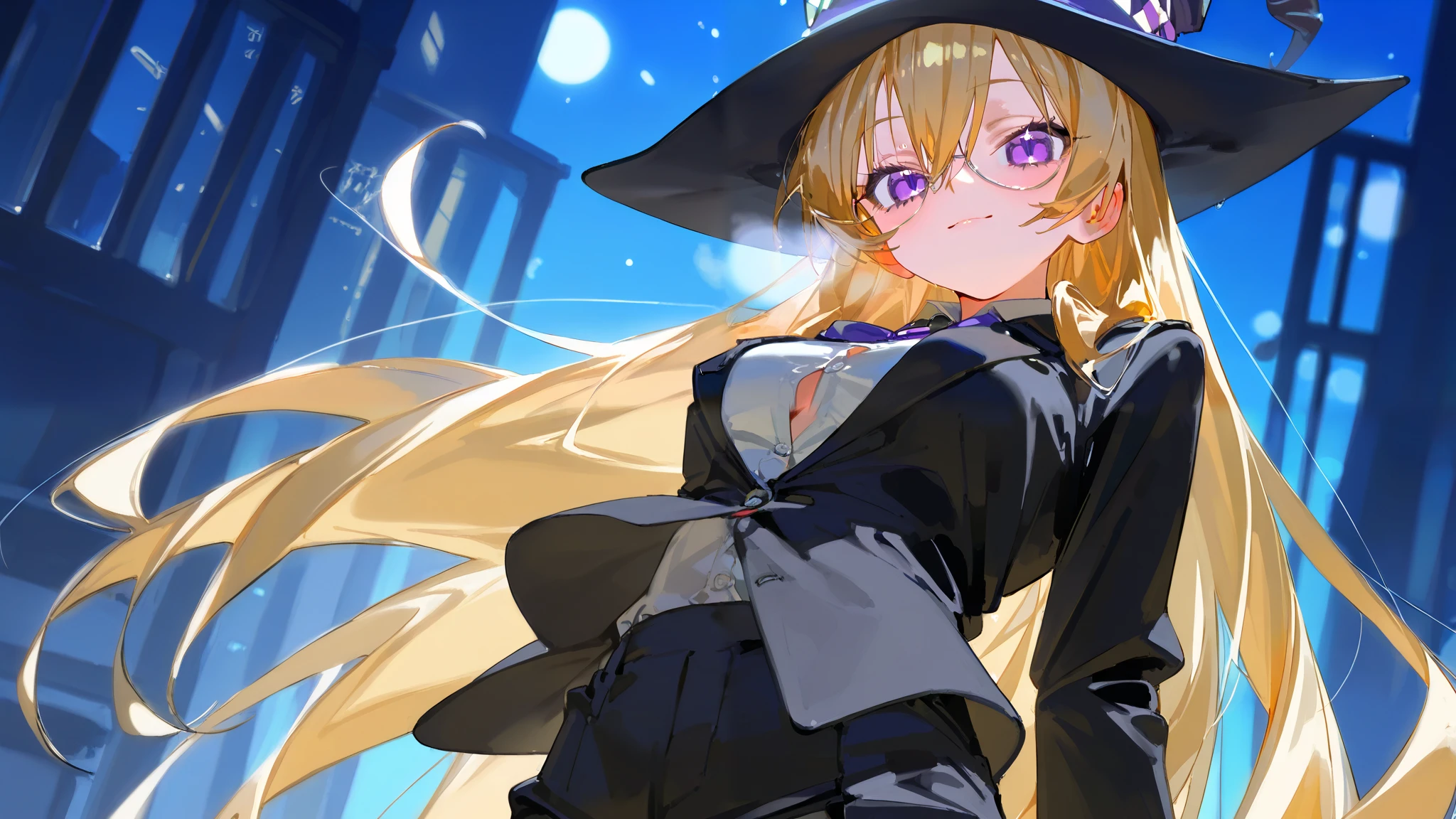  cute magician anime girl、 silk hat、short black jacket 、 White Buttoned Tee 、Trump、 Scenario Backdrop 