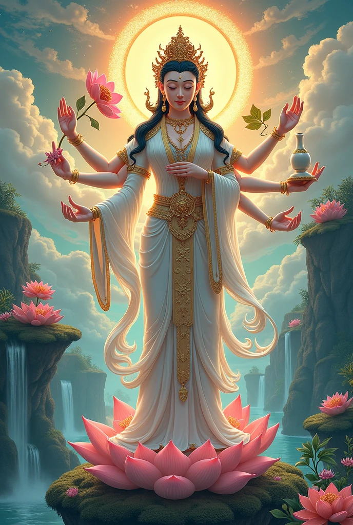 AI image of a thousand hands thousand eyes buddha with long black hair wearing white outfit brighter background standing on a lotus flower and all hands holding different types of weapons