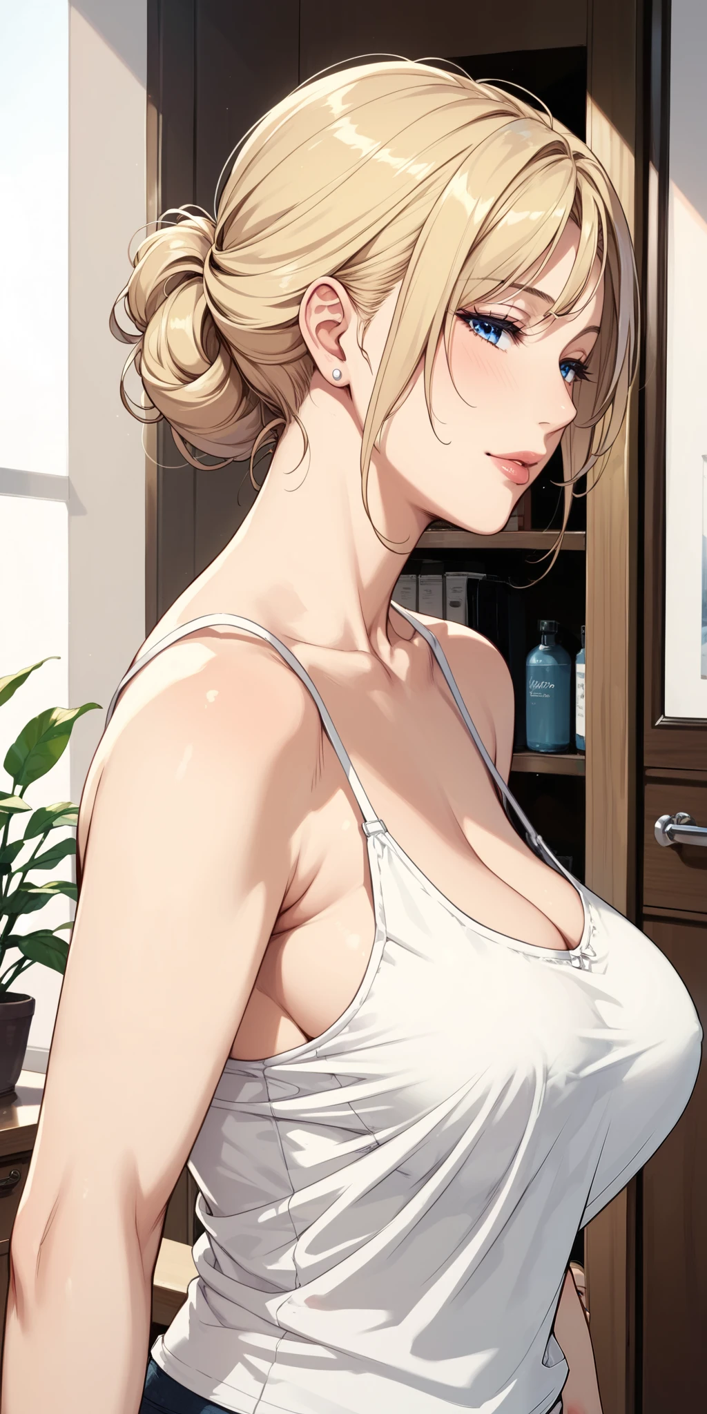 score_9, score_8_up, score_7_up, blonde, chignon hair, blue eyes, perfect eyes, anime milf, elegant mature woman, camisole, home, soft light