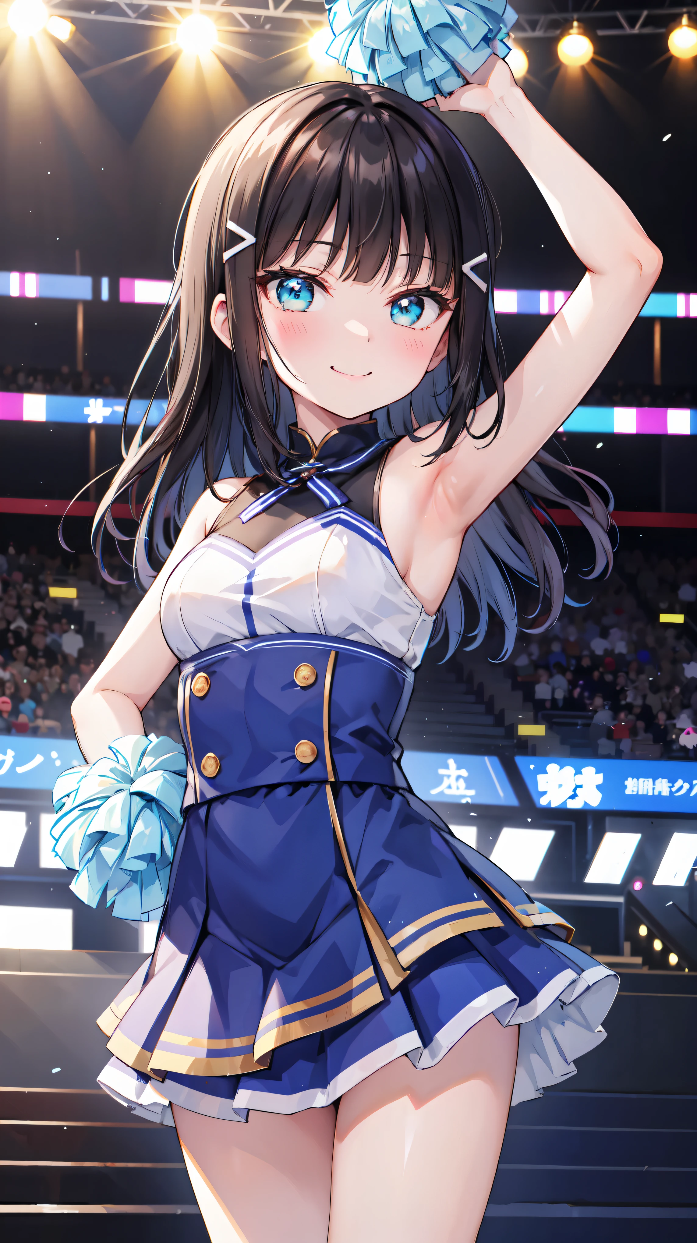 Kurosawa Diamond、Light blue cheerleader、 top quality,  high definition ,Hmmmm,  perfect pixel for shoulder-length hair, 4K、 smirking 、smile、support、Sports Venues、support、 can you see your whole body 、blue sky、（Solid ）、 top quality,  high definition , Hmmmm,  perfect pixel for shoulder-length hair, 4K、、（激しいポーズでsupport１００）、High Tension、Bonbon（Bonbon１００）