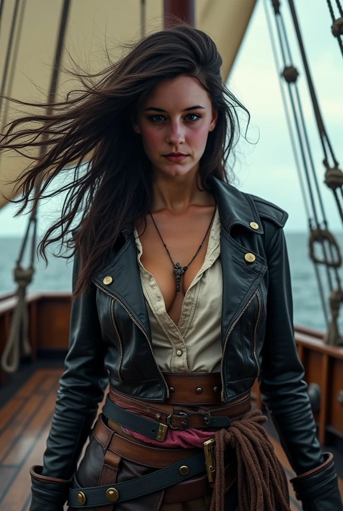 (best quality,4k,8k,highres,masterpiece:1.2),ultra-detailed,black long hair,beautiful detailed eyes,pouty lips,piercing gaze,confident expression,pirate hat with skull and crossbones,leather jacket with golden buttons,golden earrings, a see through white shirt, pirate sword,ship in the background,stormy sky,gritty and realistic,high contrast lighting,strong shadows and highlights,dramatic atmosphere,warm color tones,moody and intense,swashbuckling adventure