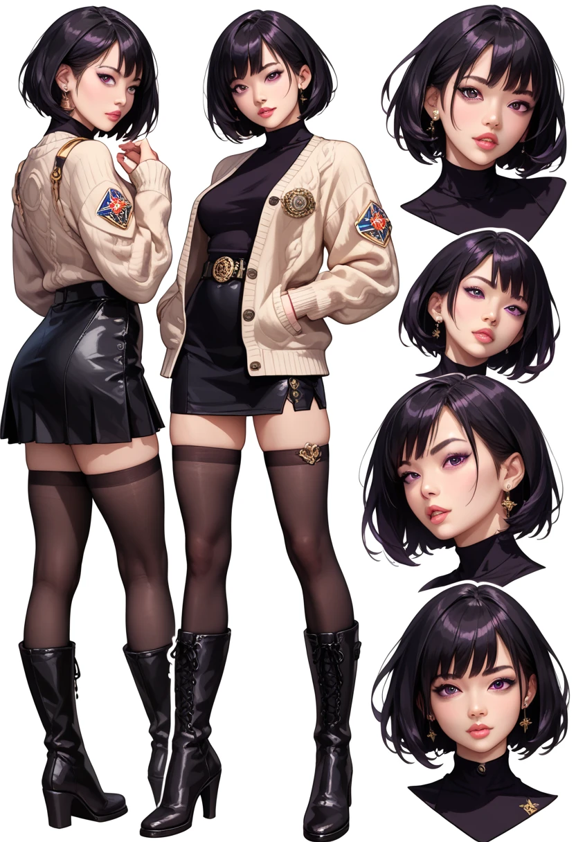 (( masterpiece fails,   highest quality )),   detailed face,   character design  ,   full height,   1girl,  Asian appearance, dark eyes ,   black hair ,   short hair , ((  short hair  )), (   tight military black dress, Mini-skirt, lots of belts, cardigan,  black stocking,   black boots, gold and amethyst theme  ,   pale skin vomited,  full of details   ,  Lots of poses and expressions  ,   very detailed  , depth, many parts