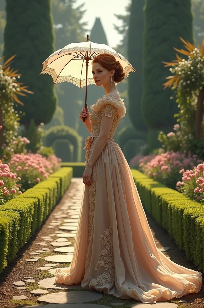 Princess scarlett johanson en robe victorienne , vue du corps entier, dans un jardin d’époque.  Avec une ombrelle, souriante en regardant a gauche au loin