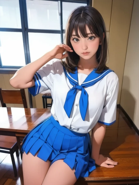 The upper part of the body、an oil painting、​masterpiece、top-quality、hight resolution、Orange long hair、Orange long hair、shores、Naughty look、White and gray stripes々bra very、White and gray stripes々Panties、Bending legs、Female face、Hot face、A slightly troubled look、sweat-wet skin、blue-sky、 (student clothes, a sailor suit、White sailor suit, Dark blue pleated skirt:1.23), (bustshot)、(((brown haired)))、((half turtle