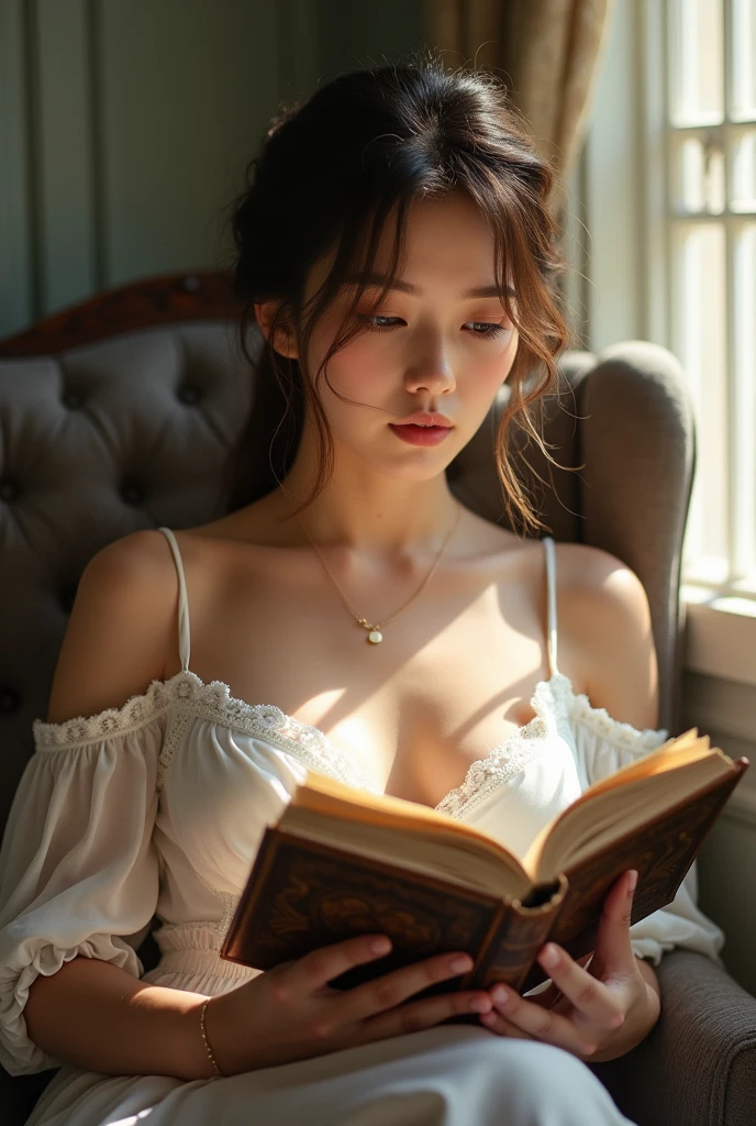 Create a beautiful Chinese woman in bra with big breasts reading a book
