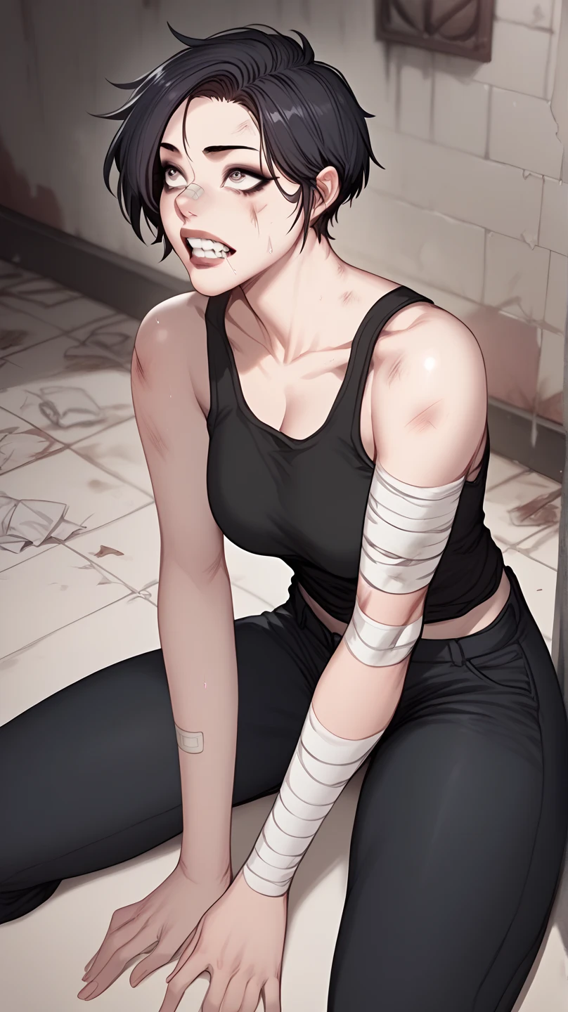 A mean looking female zombie killer, wearing a black tank top and black cargo pants, black short hair, inside an abandoned building, bandage on arm, bruises. Sitting on the ground. Grit teeth, looking above