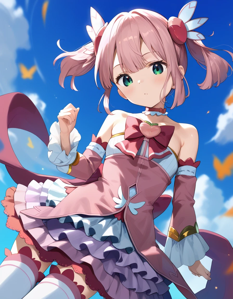 score_9, score_8_up, score_7_up, score_6_up, score_5_up, score_4_up, source_anime, flat chest, aamomo, short hair, pink hair, twintails, hair ornament, green eyes, small breasts, magical girl, pink choker, bare shoulders, pink bow, frills, strapless dress, pink dress, detached sleeves, layered skirt, white thighhighs, 