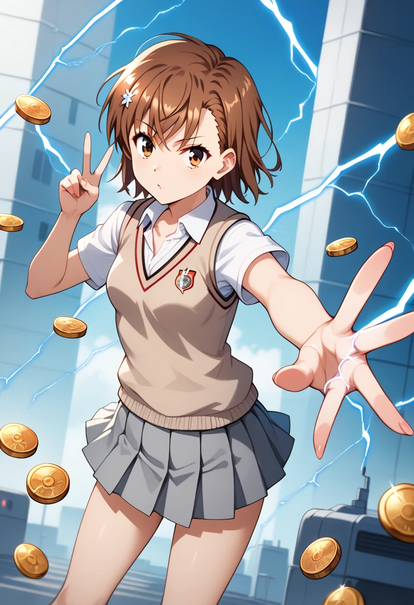 misaka mikoto, 1girl, solo, short hair, brown hair, brown eyes, standing, white shirt, short sleeves, pleated skirt, small breasts, medium hair, outstretched arm, grey skirt, science fiction, summer uniform, electricity, coin, aiming, v-neck, tokiwadai school uniform, brown sweater vest, electrokinesis, psychic, school emblem