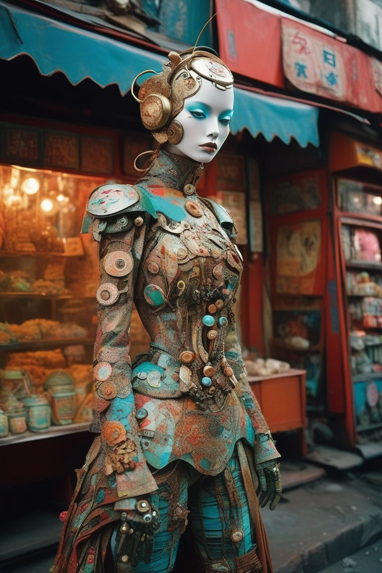 Full body photograph by Tim Walker. Little funny robot, porcelain face and head, big turquoise eyes, perfect eyes, best quality in neo-Harajuku style, embodying the mood of a post-apocalyptic world, intricate details of the robot, space outfit highlighted by sharp contrasting shadows, strikingly bright colors, atmospheric dust particles, scattered face, background of a decaying city, UHD digital rendering, a fascinating combination of fashion and dystopia. eerie atmosphere, fusion, horror, Japanese townscape, long neck, robots, v 6. full body shot three quarter view --ar 9:16 --stylize 750
