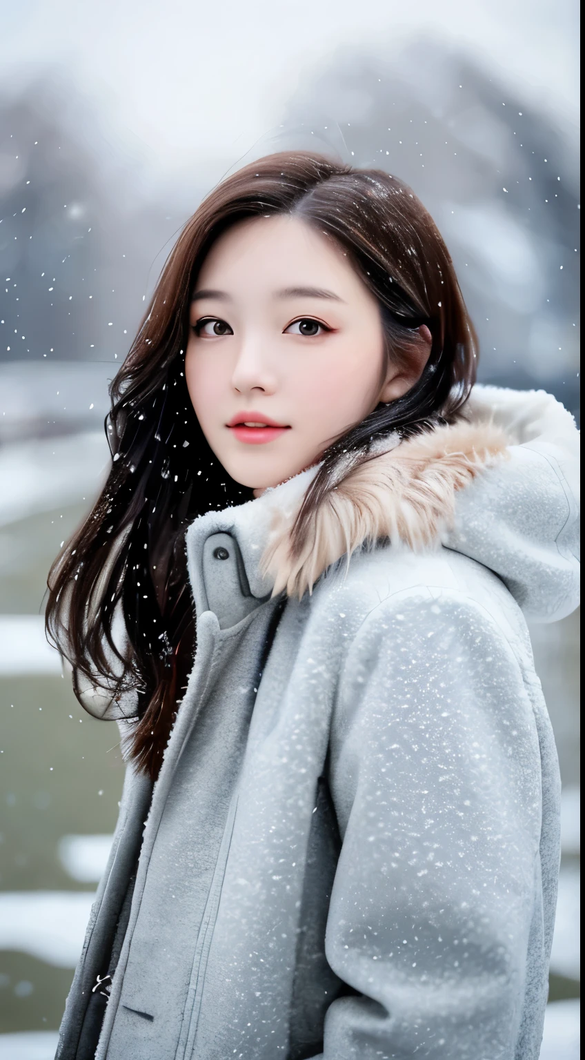 realistic photos of (1 cute Korean star) Shoulder-length hair, thin makeup, medium breasts size, wearing coat, in the snow, clear facial features, 8K high resolution, sharp and realistic details.from outside, Eye-Level Shot, f/4.0, 135mm, Fujifilm, jpeg artifacts, dithering, UHD, masterpiece