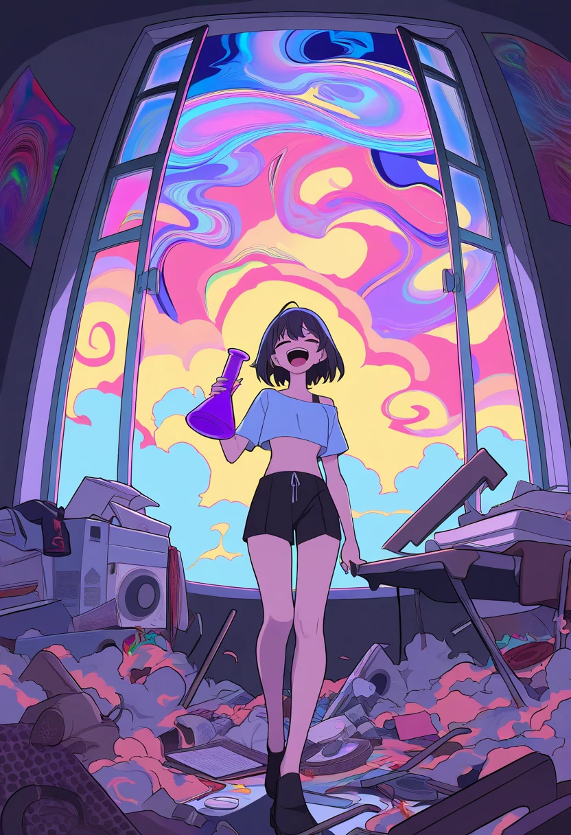 masterpiece, best quality, newest, absurdres, highres,
1girl, holding bong, crop top, smoke clouds, messy room, psychedelic posters, laughing, half-open window