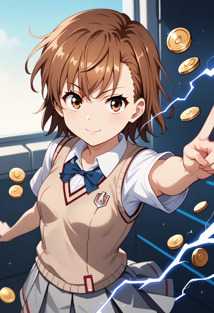 misaka mikoto, 1girl, solo, short hair, brown hair, brown eyes, standing, white shirt, short sleeves, pleated skirt, small breasts, medium hair, outstretched arm, grey skirt, science fiction, summer uniform, electricity, coin, aiming, v-neck, tokiwadai school uniform, brown sweater vest, electrokinesis, psychic, school emblem