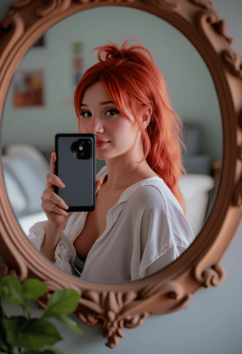 Full body random view mirror selfie girl with Red ponytail 