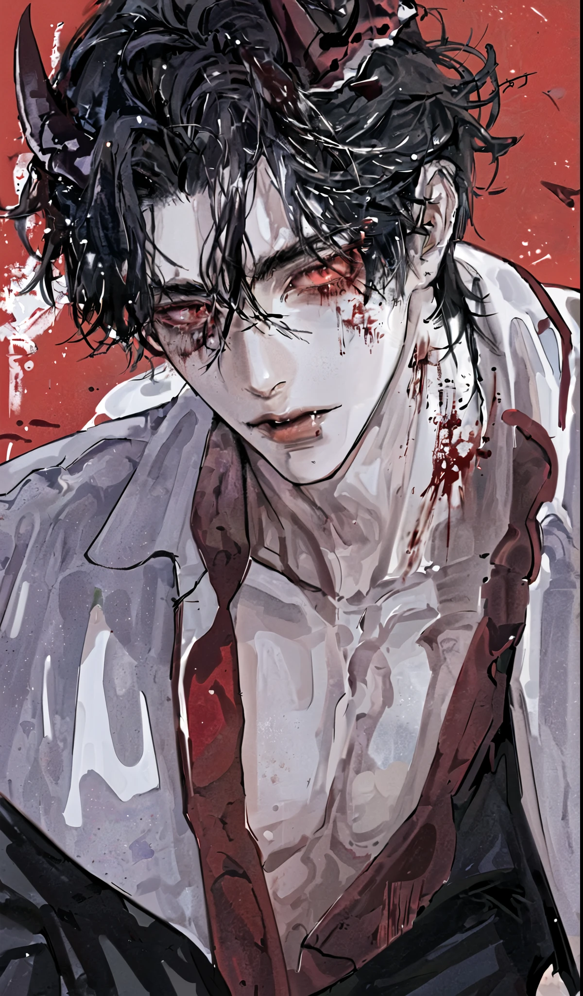 1 men,portraite, messy big hair, Bblack hair, green eyes, Beautiful Mouth, Caucasian skin, vampire appearance, demon horns,bloodthirsty dark
