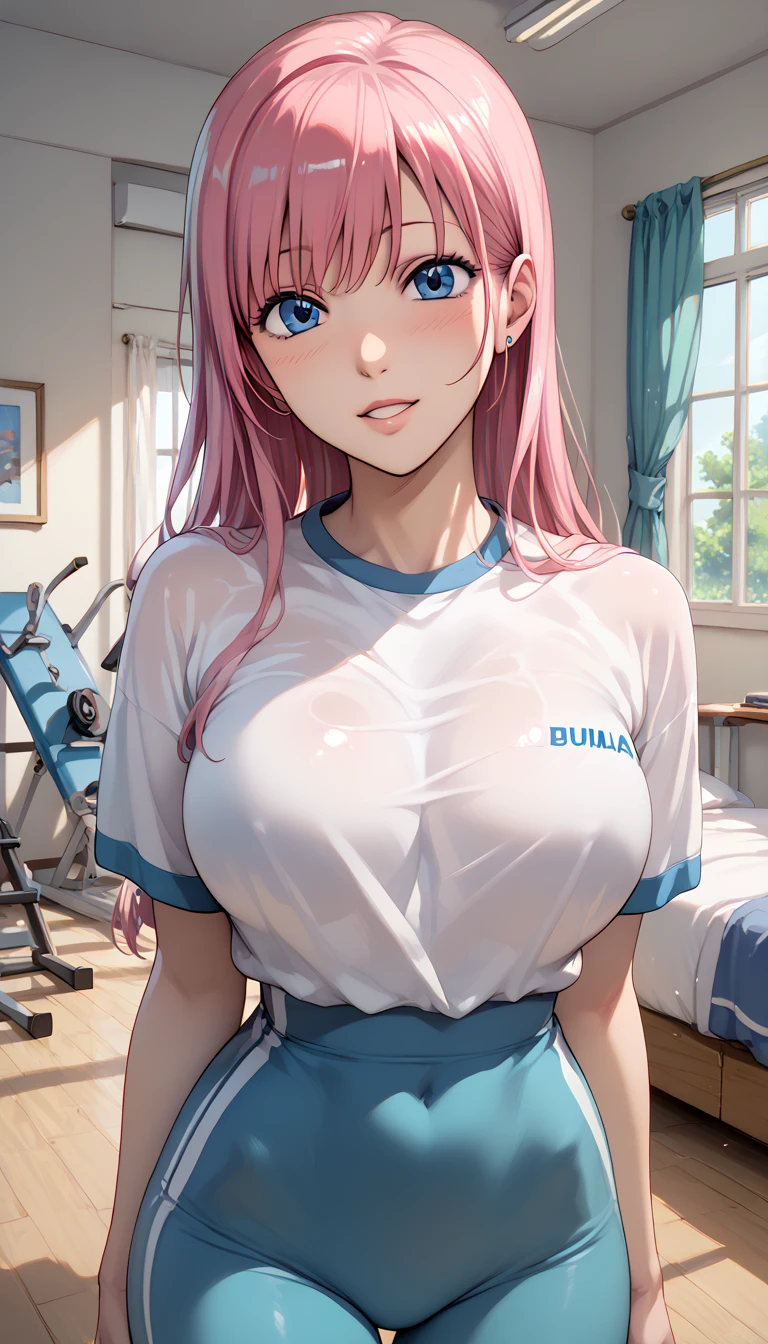 Erotic NSFW,(masterpiece), beautifully and in detail,ishigaki takashi Styles,luka megurine ,Long Pink Hair,Blue Eyes,Big Breasts,Gym clothes,((Are you wearing a bulma)),lure,bedroom,front