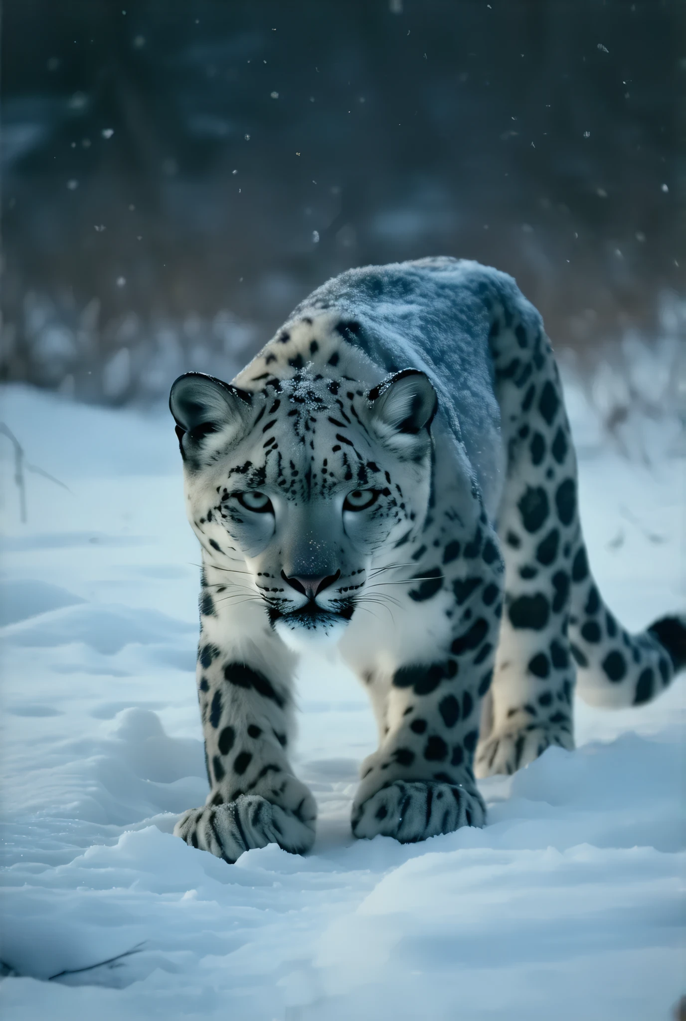 (8k, top quality, Masterpiece , Final Fantasy Style: 1.2),Atmospheric perspective, 8K, Very detailed, A snowy field on a quiet night, A snowy field at a quiet night, a snow leopard wearing pure white winter fur, a snow leopard crouching down and hiding in the shadows aiming for its prey, staring intently at its prey, silence, before the carnage, stillness, keen eyes, Moonlit night, clear air, night fog, sparkling ice particles in the air, , The sky turns eerily purple