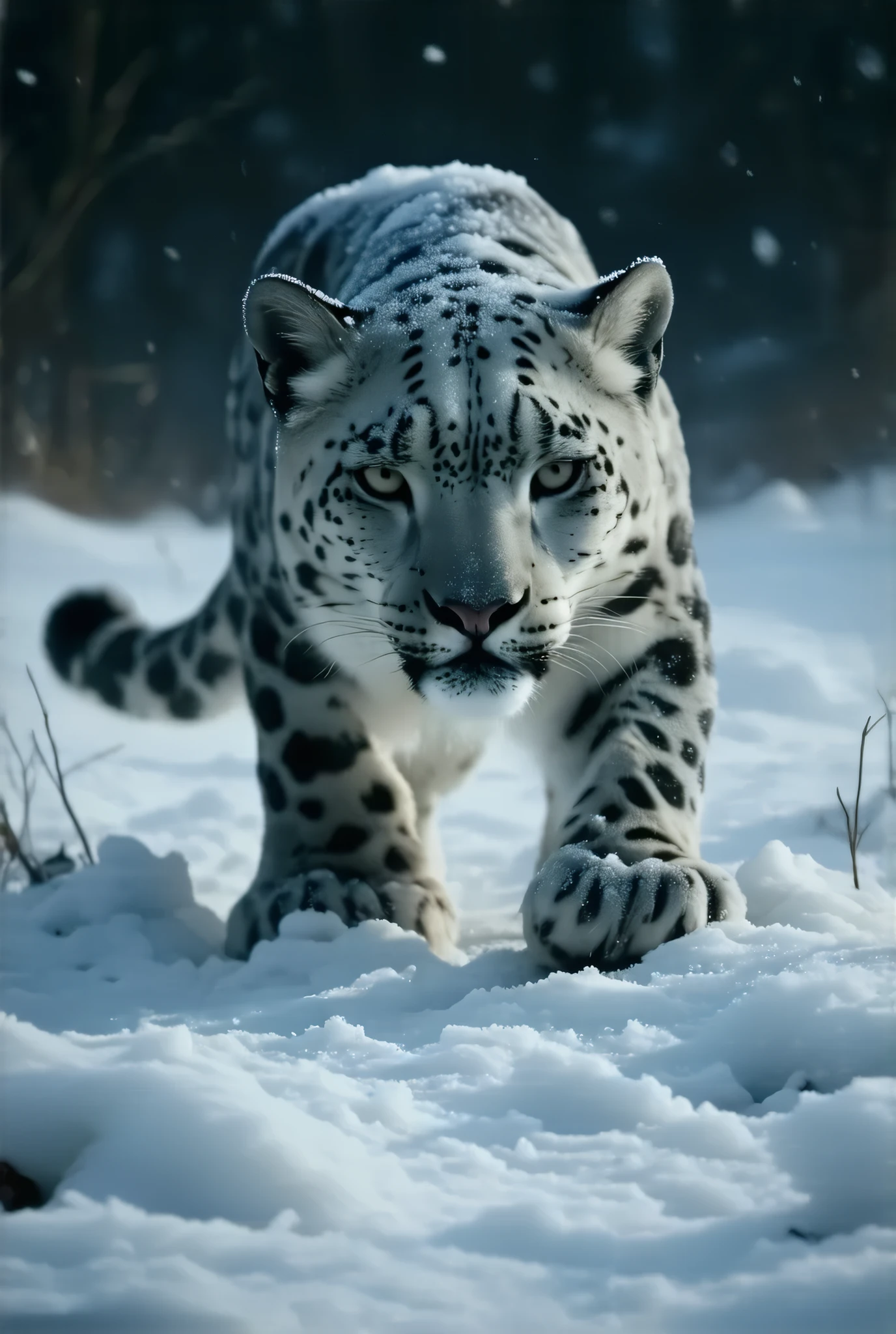 (8k, top quality, Masterpiece , Final Fantasy Style: 1.2),Atmospheric perspective, 8K, Very detailed, A snowy field on a quiet night, A snowy field at a quiet night, a snow leopard wearing pure white winter fur, a snow leopard crouching down and hiding in the shadows aiming for its prey, staring intently at its prey, silence, before the carnage, stillness, keen eyes, Moonlit night, clear air, night fog, sparkling ice particles in the air, , The sky turns eerily purple