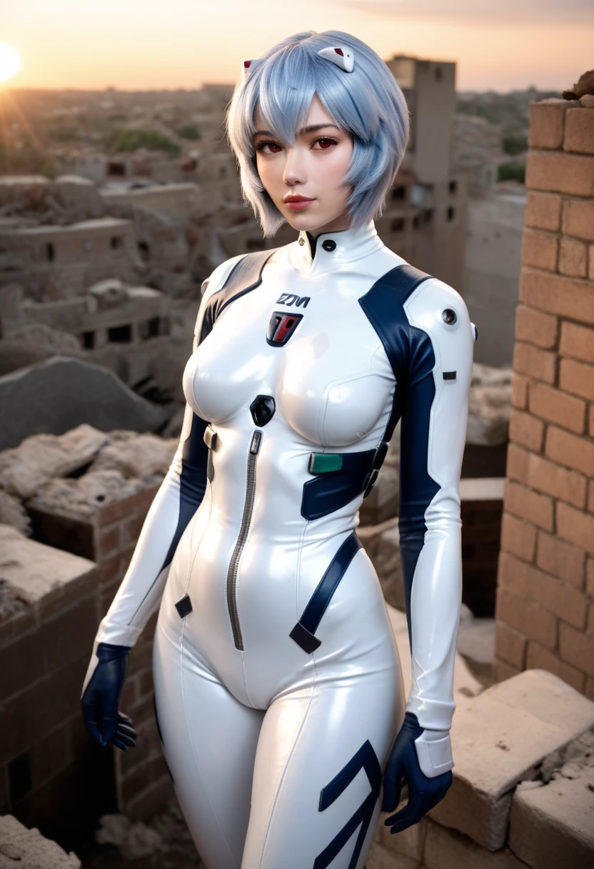 (highres, best quality), Rei Ayanami, Beautiful Mixed Pretty Japanese Babe Face. Beautiful Face, Detailed Beautiful bright red eyes, beautiful slim body, Super Blue Short Hair, kimono, white plugsuit, combine realism and anime influences, sorrow beautiful face, Intense Beautiful gaze, model pose, space station,