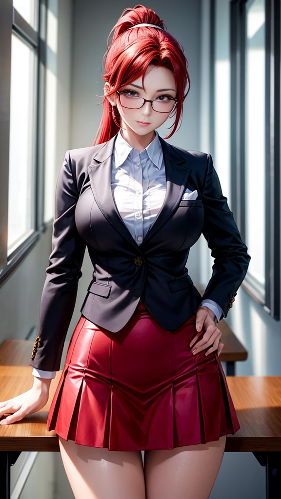 Here's your image prompt: The image depicts Crimson Viper, the mighty character from Street Fighter IV, wearing her iconic classic outfit. She is showing off her entire body, which is beautiful and sculpted, demonstrating her strength and dexterity. Single long braided red hair. Her Outfit, (black blazer), (black pants), (white button-up shirt with plunging neckline), (purple tie), (yellow aviator sunglasses), (black high heel boots and black fingerless gloves). attractive attributes. Her face is extremely beautiful, with striking and expressive features, which reveal her determination and confidence. The image was captured at the highest quality in 8K using the renowned Canon EOS R6 camera, ensuring exceptional sharpness and detail. Every aspect of the image is a true masterpiece, with incredible precision and a highly refined level of detail, allowing you to appreciate all the beauty and intensity of the Crimson Viper in all its glory.