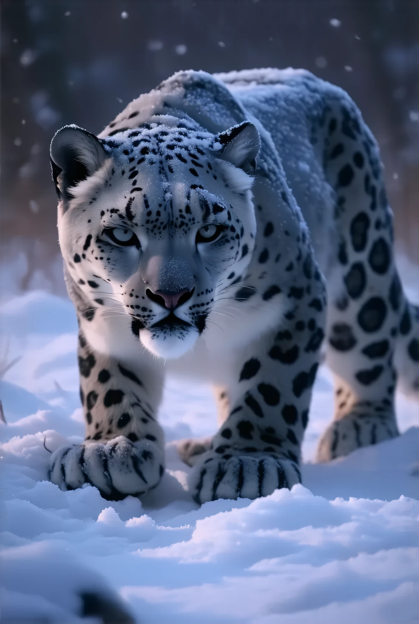 (8k, top quality, Masterpiece , Final Fantasy Style: 1.2),Atmospheric perspective, 8K, Very detailed, A snowy field on a quiet night, A snowy field at a quiet night, a snow leopard wearing pure white winter fur, a snow leopard crouching down and hiding in the shadows aiming for its prey, staring intently at its prey, silence, before the carnage, stillness, keen eyes, Moonlit night, clear air, night fog, sparkling ice particles in the air, , The sky turns eerily purple