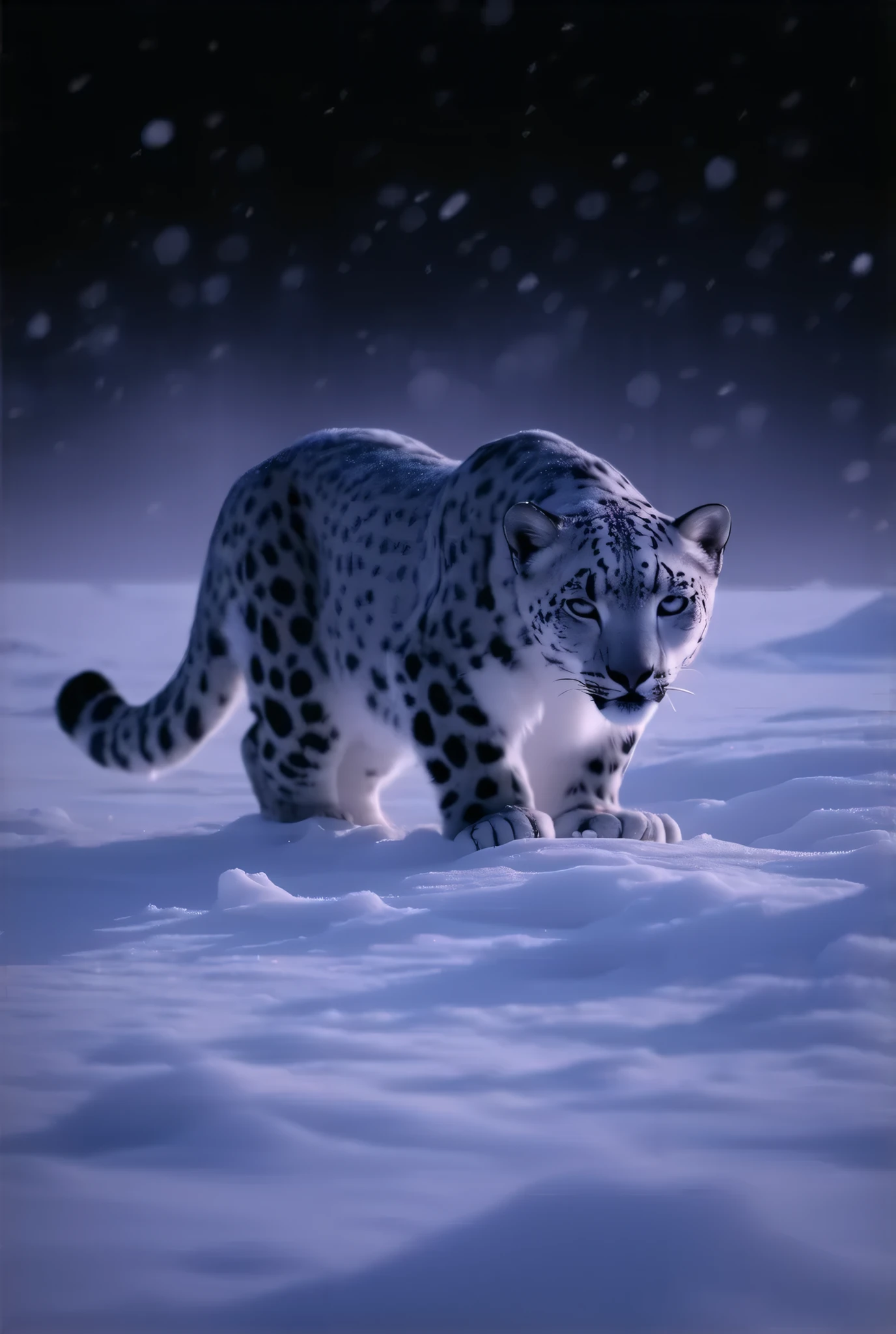 (8k, top quality, Masterpiece , Final Fantasy Style: 1.2),Atmospheric perspective, 8K, Very detailed, A snowy field on a quiet night, A snowy field at a quiet night, a snow leopard wearing pure white winter fur, a snow leopard crouching down and hiding in the shadows aiming for its prey, staring intently at its prey, silence, before the carnage, stillness, keen eyes, Moonlit night, clear air, night fog, sparkling ice particles in the air, , The sky turns eerily purple