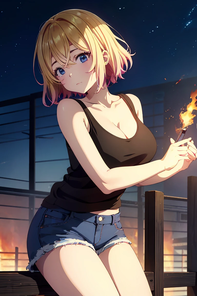 masterpiece, Highest quality anime illustrations, Super detailed,ultra high resolution、perfect lighting single girls, alone, Blonde、medium hair, anime , view at viewer,  cleavage、 black tank top seen above、 sexy black shorts、 handgun、at night、 fence、Explosion and Flames 、Building on fire