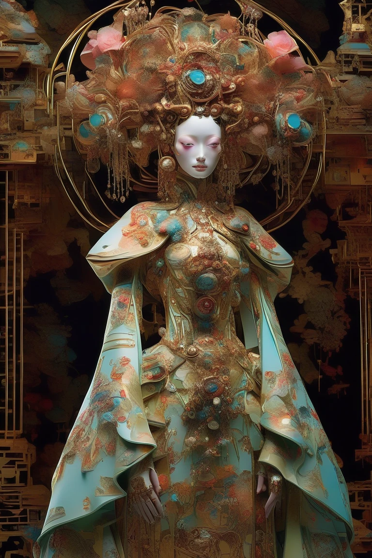 Full body photograph by Tim Walker. robot, porcelain face and head, big turquoise eyes, perfect eyes, best quality in dark neo-Harajuku style, embodying the mood of a utopian world, intricate details of the robot, space outfit highlighted by sharp contrasting shadows, strikingly bright colors, atmospheric dust particles, scattered face, background of a decaying city, UHD digital rendering, a fascinating combination of fashion and dystopia. eerie atmosphere, fusion, horror, Japanese townscape, long neck, robots, v 6. full body shot three quarter view --ar 9:16 --stylize 750
