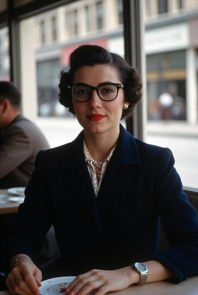 0ldV1nt4ge colourized photograph from 1953. An elegant woman with glasses in an urban cafe. The picture is slightly blurry and grainy.  