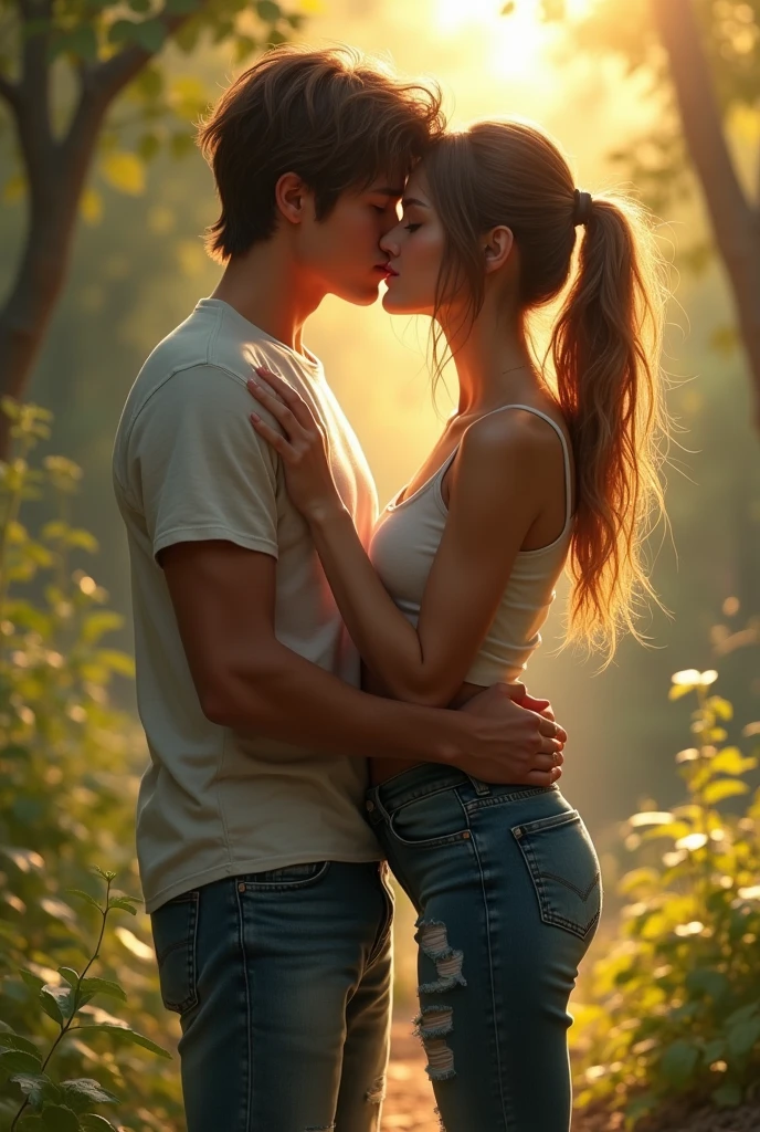 1 male, 1 female,mature, kissing each other, a girl sits on the riverbank, guy is front of her slightly bend towards her, man in a yellow jumper ,woman wearing beautiful yellow dress, wisteria flower around them, beautiful, scenary, romantic,((calm and romantic expression:1.2)) ,pixiv, digital painting, mascular man, beautiful elegant woman, (gray stylish hair for man), (brown long hair for woman) ((best quality)), ((masterpiece)), (detailed)