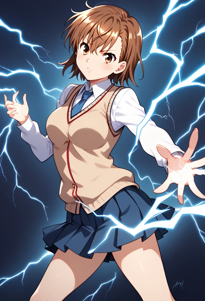 an anime girl in white shirt and blue tie standing against a dark background with lightning coming out of her hands, 1girl, tokiwadai school uniform, misaka mikoto, school uniform, brown hair, electricity, solo, sweater vest, electrokinesis, brown eyes, skirt, short hair