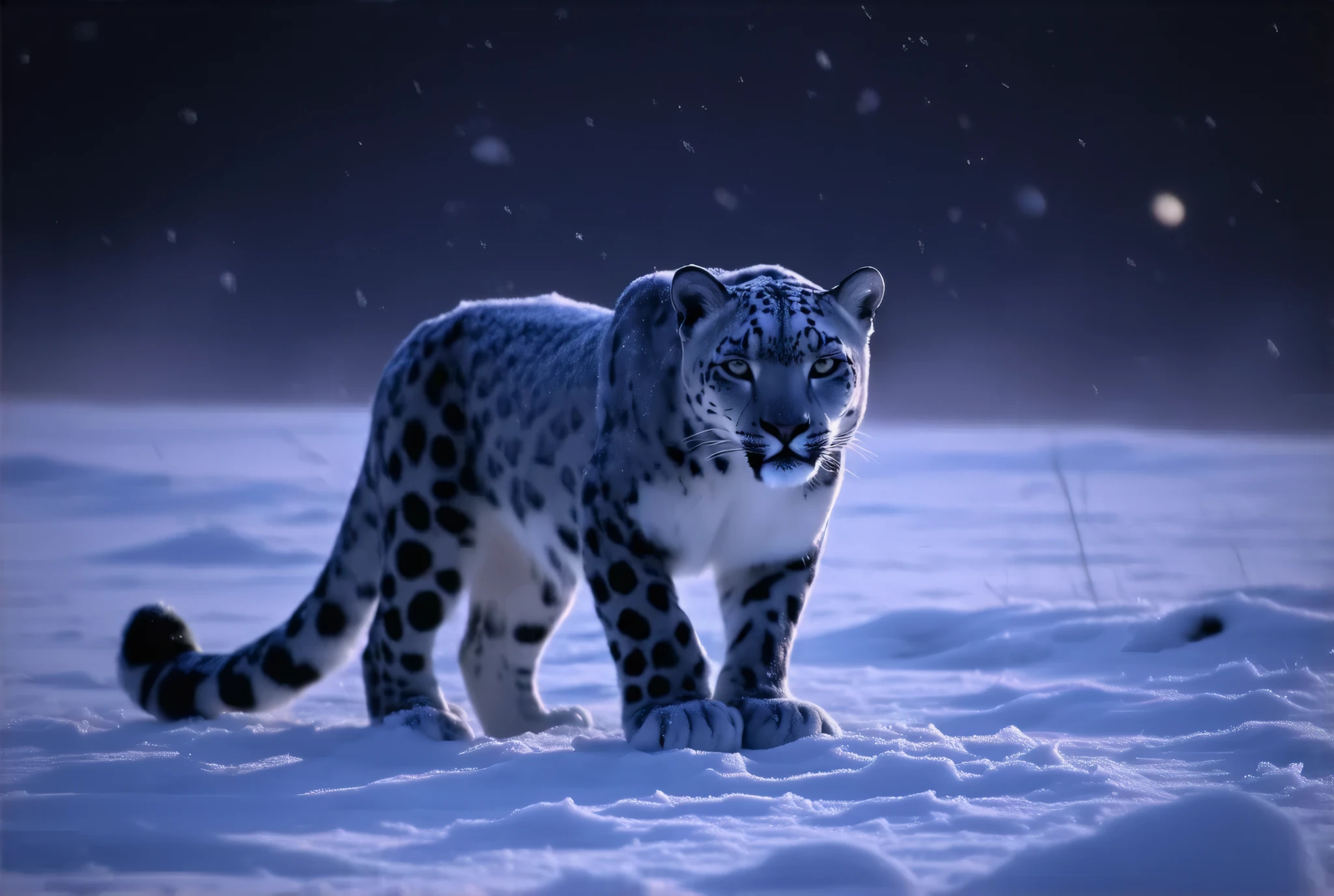 (8k, top quality, Masterpiece , Final Fantasy Style: 1.2),Atmospheric perspective, 8K, Very detailed, A snowy field on a quiet night, A snowy field at a quiet night, a snow leopard wearing pure white winter fur, a snow leopard crouching down and hiding in the shadows aiming for its prey, staring intently at its prey, silence, before the carnage, stillness, keen eyes, Moonlit night, clear air, night fog, sparkling ice particles in the air, , The sky turns eerily purple