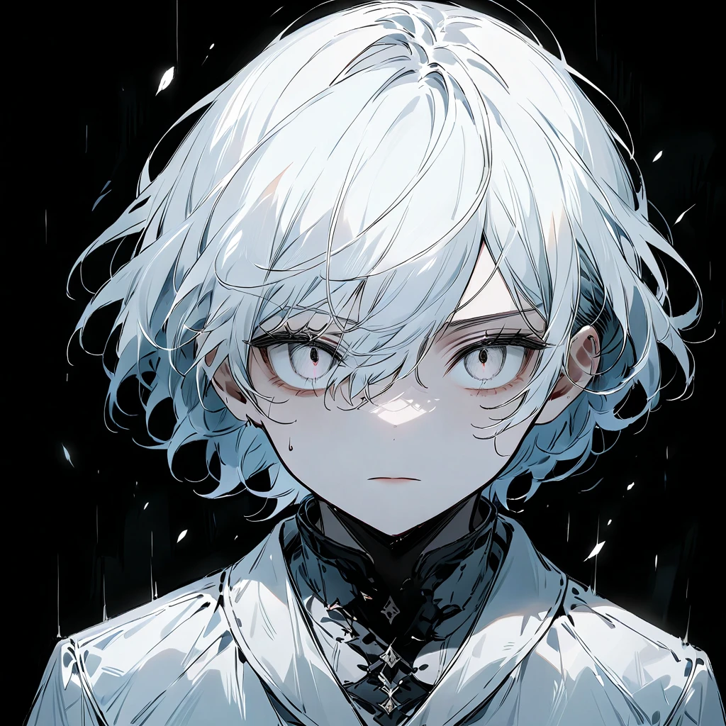I want a character with white hair and blue eyes, he is looking at the camera from below with a face seen from below and horizontally, his face is shadowed and his eyes are shining, his outfit is white with a black scarf and on his side he has a cute skull head with black fire around it. He is 19 years old