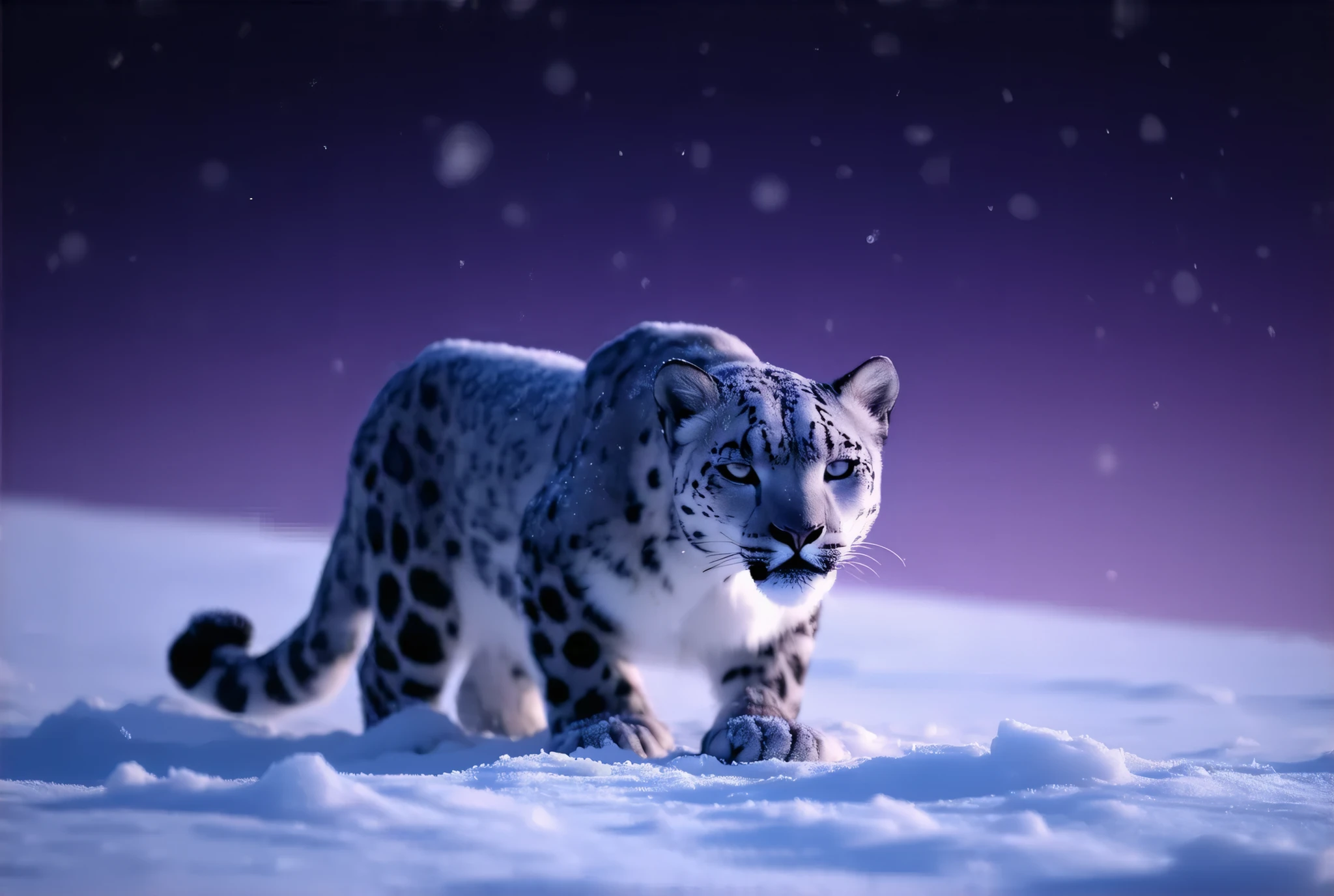 (8k, top quality, Masterpiece , Final Fantasy Style: 1.2),Atmospheric perspective, 8K, Very detailed, A snowy field on a quiet night, A snowy field at a quiet night, a snow leopard wearing pure white winter fur, a snow leopard crouching down and hiding in the shadows aiming for its prey, staring intently at its prey, silence, before the carnage, stillness, keen eyes, Moonlit night, clear air, night fog, sparkling ice particles in the air, , The sky turns eerily purple