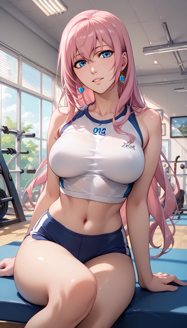 Erotic NSFW,(masterpiece), beautifully and in detail,ishigaki takashi Styles,luka megurine ,Long Pink Hair,Blue Eyes,Big Breasts,Gym clothes,Bare legs,lure,bedroom,front