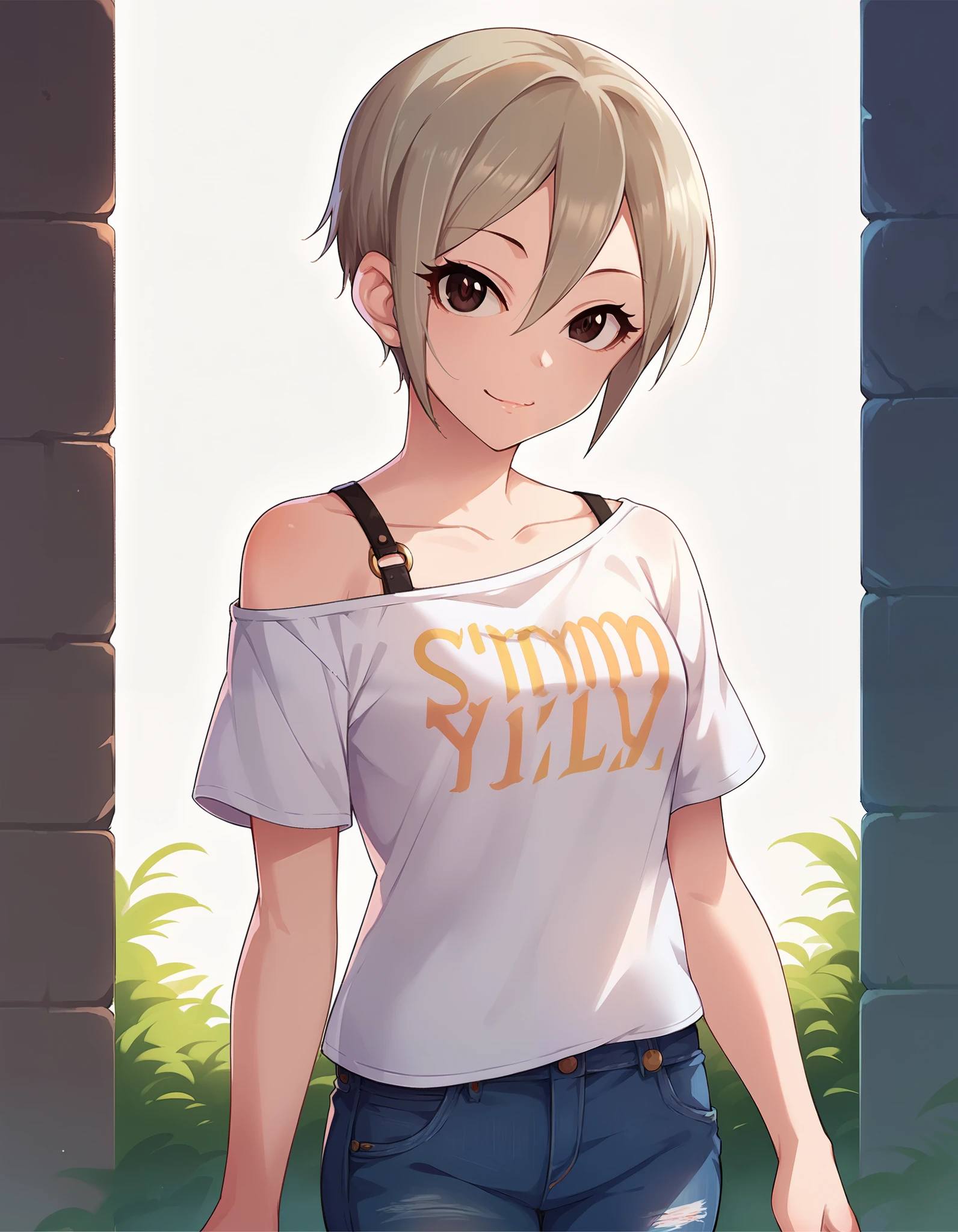 score_9,score_8_up,score_7_up, 1 girl ,Alone, Cowboy Shot ,looking at viewer,smile,  Closed Mouth , outdoor,
cgssyk ,
 gray hair , short hair, hair between eyes, dark eyes,
 off shoulder shirt, white shirt, strap , short denim 