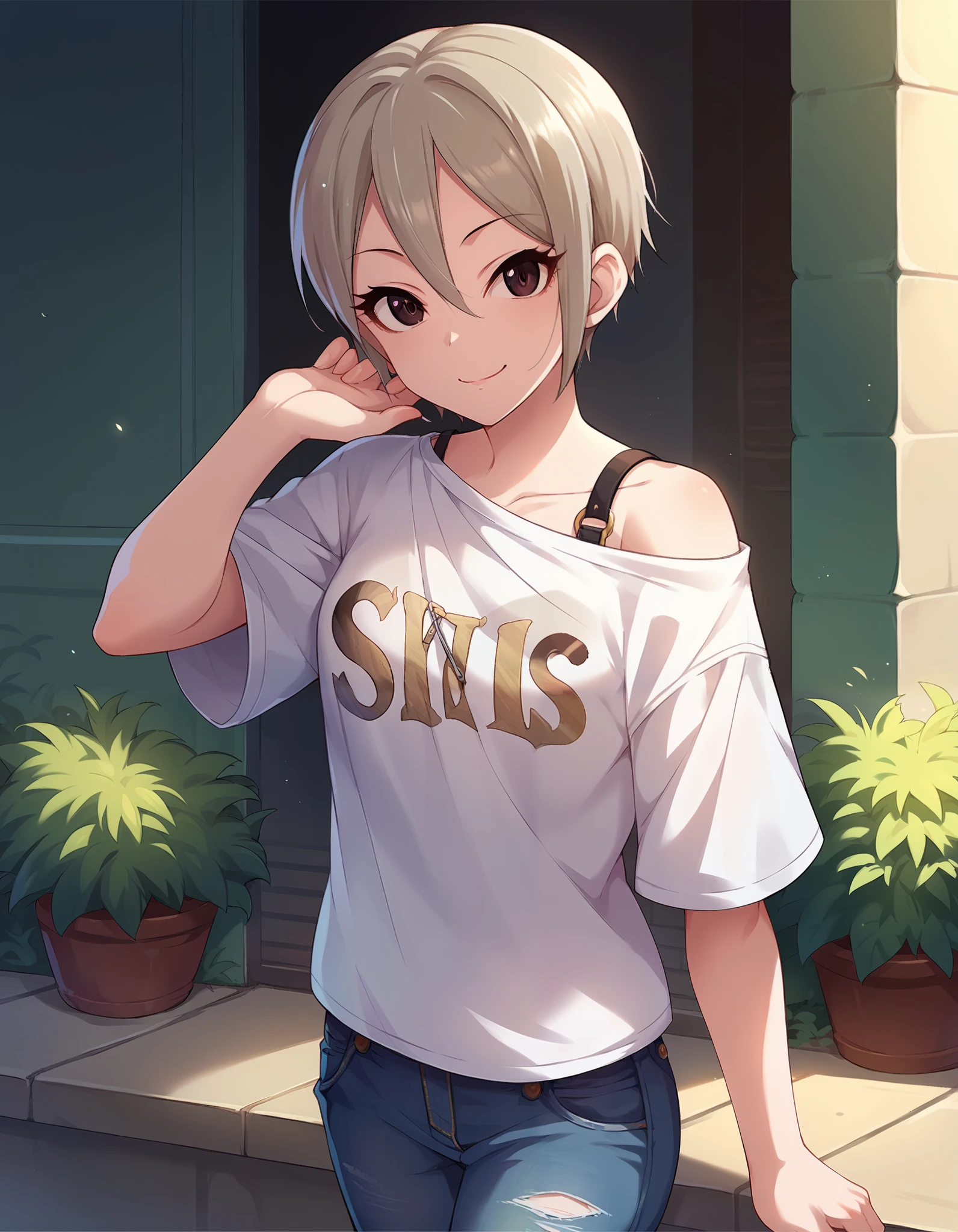 score_9,score_8_up,score_7_up, 1 girl ,Alone, Cowboy Shot ,looking at viewer,smile,  Closed Mouth , outdoor,
cgssyk ,
 gray hair , short hair, hair between eyes, dark eyes,
 off shoulder shirt, white shirt, strap , short denim 