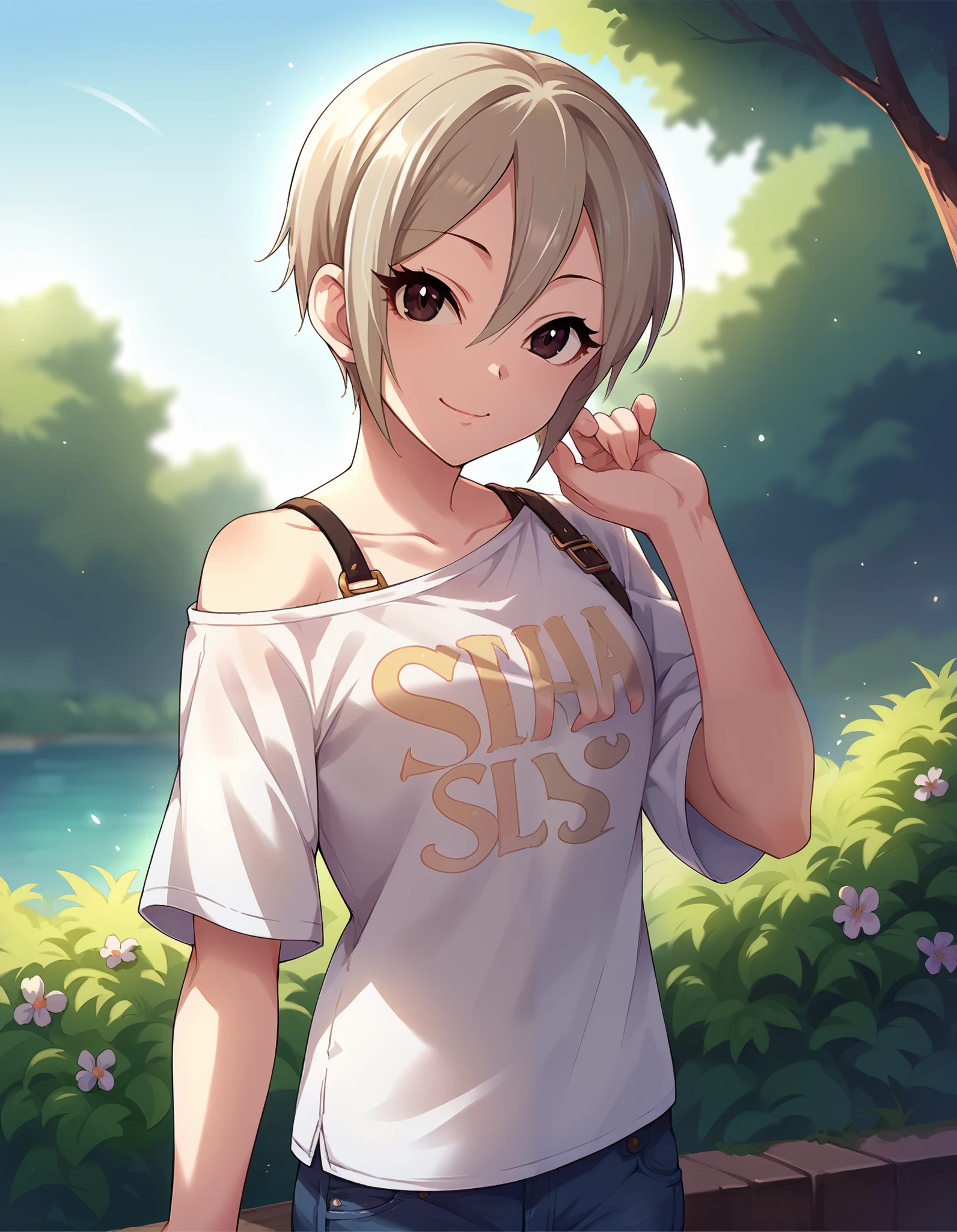 score_9,score_8_up,score_7_up, 1 girl ,Alone, Cowboy Shot ,looking at viewer,smile,  Closed Mouth , outdoor,
cgssyk ,
 gray hair , short hair, hair between eyes, dark eyes,
 off shoulder shirt, white shirt, strap , short denim 