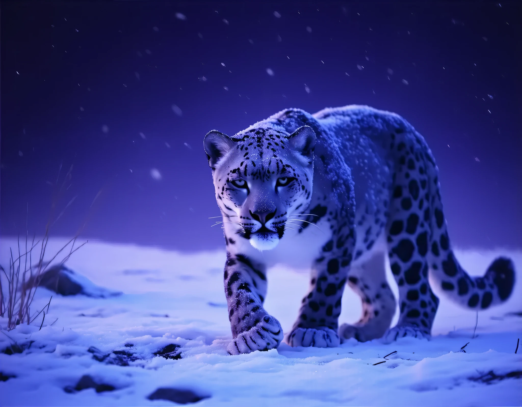 (8k, top quality, Masterpiece , Final Fantasy Style: 1.2),Atmospheric perspective, 8K, Very detailed, A snowy field on a quiet night, A snowy field at a quiet night, a snow leopard wearing pure white winter fur, a snow leopard crouching down and hiding in the shadows aiming for its prey, staring intently at its prey, silence, before the carnage, stillness, keen eyes, Moonlit night, clear air, night fog, sparkling ice particles in the air, , The sky turns eerily purple