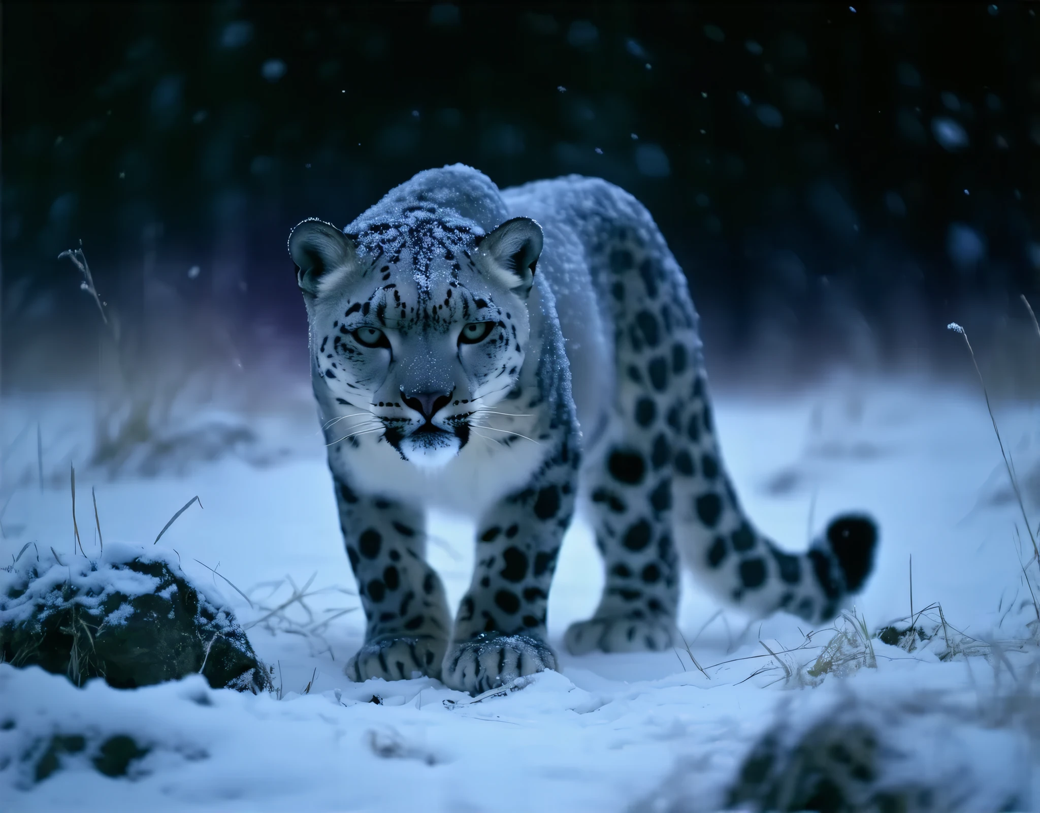 (8k, top quality, Masterpiece , Final Fantasy Style: 1.2),Atmospheric perspective, 8K, Very detailed, A snowy field on a quiet night, A snowy field at a quiet night, a snow leopard wearing pure white winter fur, a snow leopard crouching down and hiding in the shadows aiming for its prey, staring intently at its prey, silence, before the carnage, stillness, keen eyes, Moonlit night, clear air, night fog, sparkling ice particles in the air, , The sky turns eerily purple