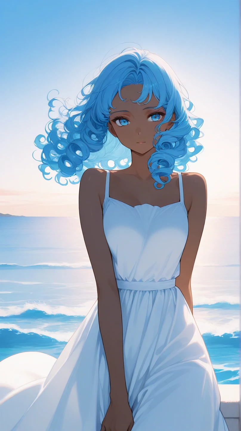 1woman, long blue hair, curly hair, white dress, ((dark skin)), goddess, ocean, blue eyes