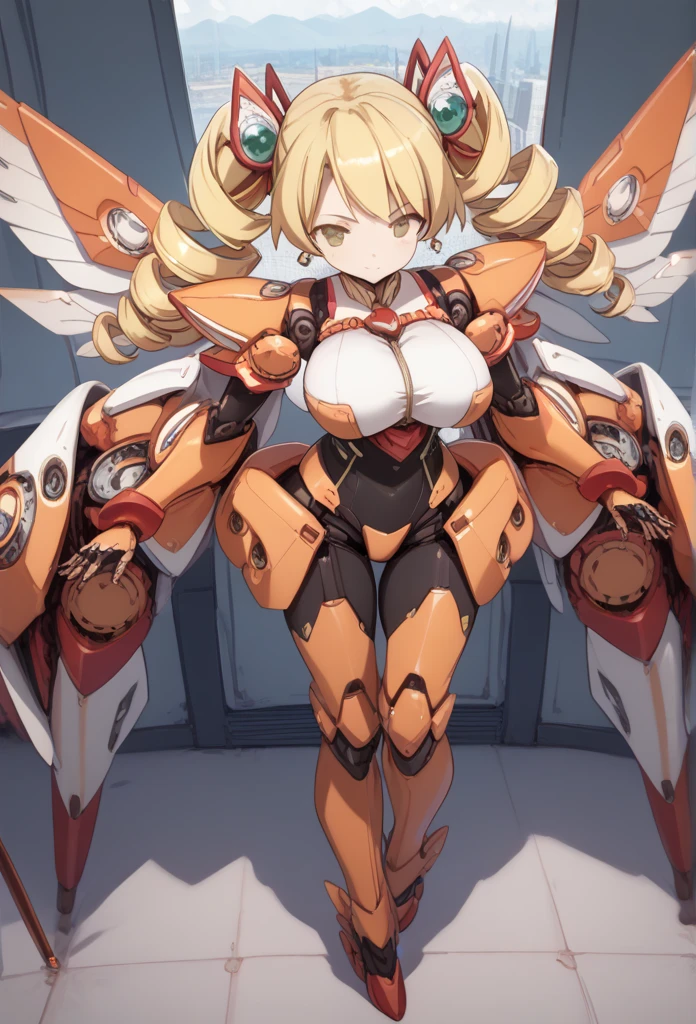 Puella Super Robot,mami tomoe, blonde hair, drill hair, twin drills, yellow eyes, large breasts,,   MECHA-HUGE-ARMS、 MECHA-WINGS, MECHA-QUAD-LEGS