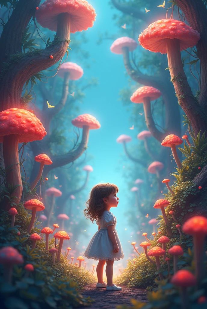 "A captivating image depicts a girl in the midst of a radiant mushroom grove, her eyes filled with wonder as she engages with a delicate insect. The play of sunrays and shadows creates a magical atmosphere that's perfect for creating a beautiful piece of art.