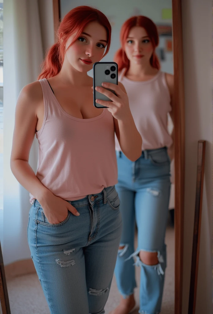 Full body  view im the mirror selfie amateur young girl with Red ponytail 