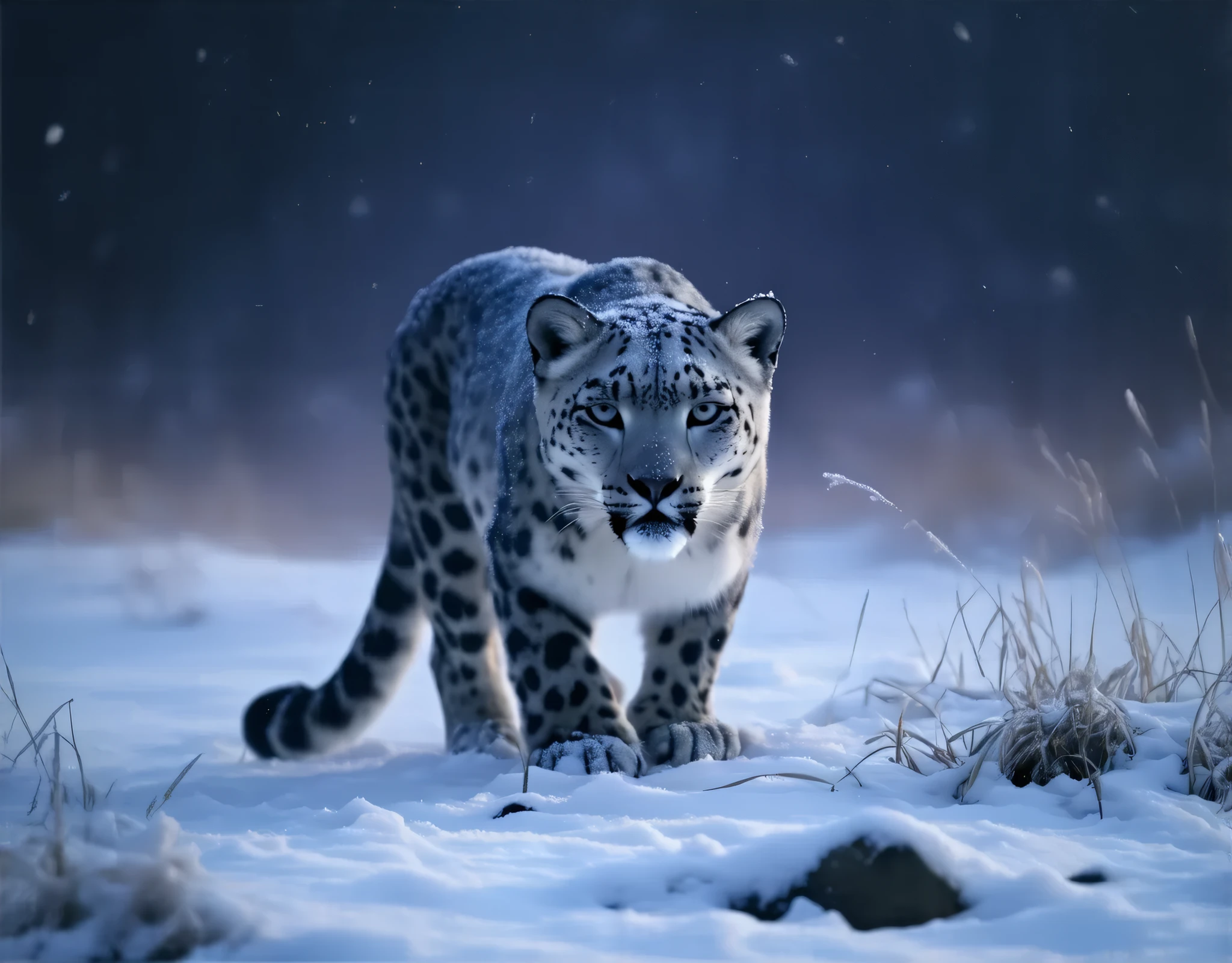 (8k, top quality, Masterpiece , Final Fantasy Style: 1.2),Atmospheric perspective, 8K, Very detailed, A snowy field on a quiet night, A snowy field at a quiet night, a snow leopard wearing pure white winter fur, a snow leopard crouching down and hiding in the shadows aiming for its prey, staring intently at its prey, silence, before the carnage, stillness, keen eyes, Moonlit night, clear air, night fog, sparkling ice particles in the air, , The sky turns eerily purple