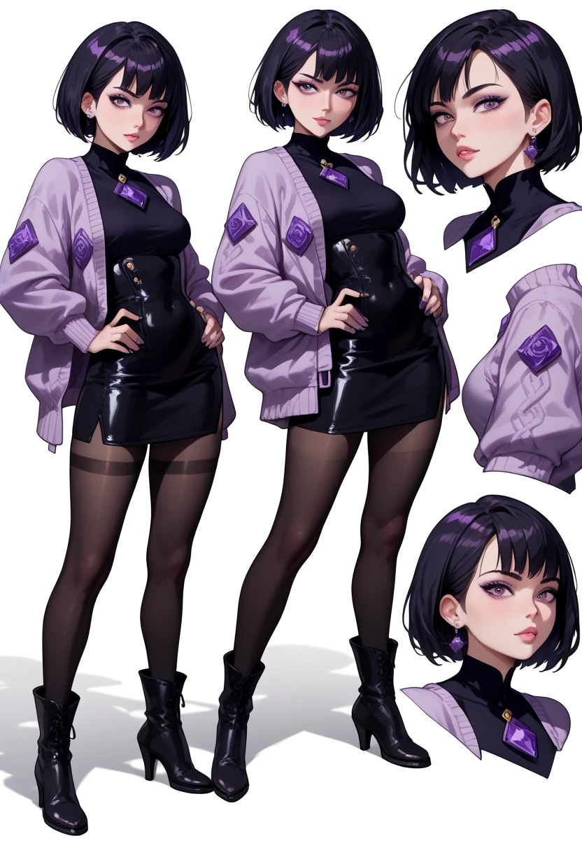 (( masterpiece fails,   highest quality )),   detailed face,   character design  ,   full height,   1girl,  Asian appearance, dark eyes ,   black hair ,   short hair , ((  short hair  )), (   tight black dress, Mini-skirt, lots of belts, lavender cardigan ,  black stocking,   black boots, gold and amethyst theme  ,   pale skin vomited,  full of details   ,  Lots of poses and expressions  ,   very detailed  , depth, many parts