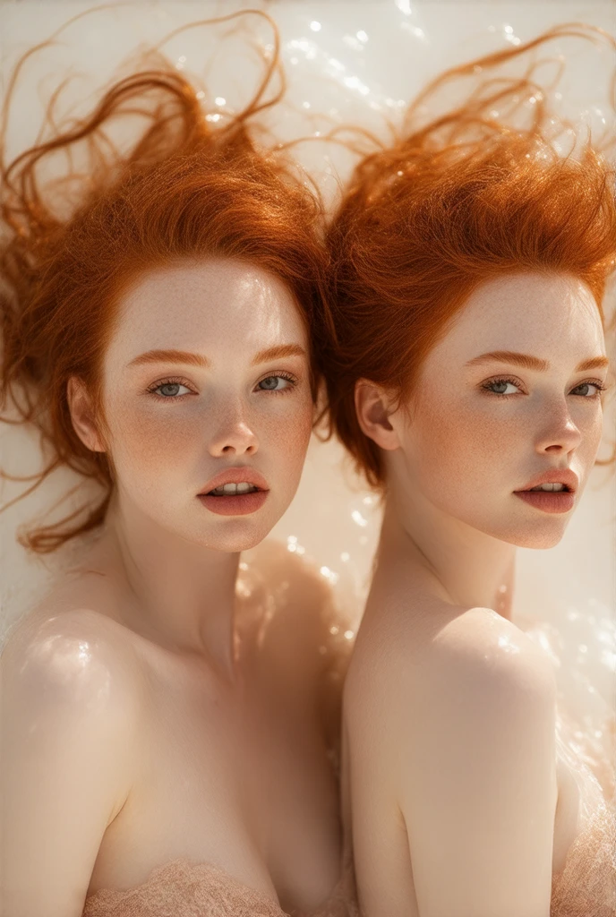 2 redhead woman naked open on the beach sand