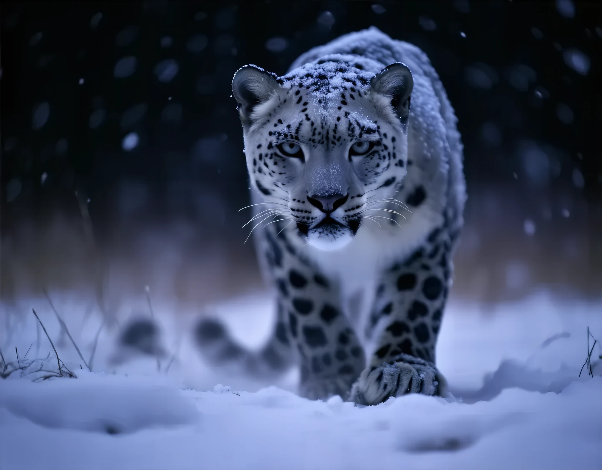 (8k, top quality, Masterpiece , Final Fantasy Style: 1.2),Atmospheric perspective, 8K, Very detailed, A snowy field on a quiet night, A snowy field at a quiet night, a snow leopard wearing pure white winter fur, a snow leopard crouching down and hiding in the shadows aiming for its prey, staring intently at its prey, silence, before the carnage, stillness, keen eyes, Moonlit night, clear air, night fog, sparkling ice particles in the air, , The sky turns eerily purple